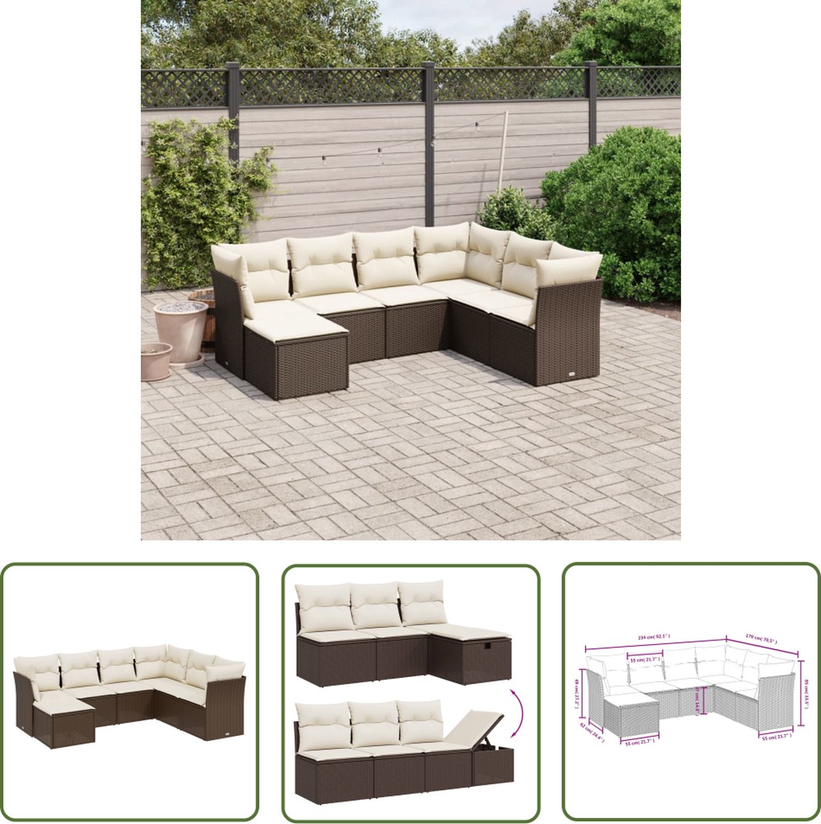The Living Store 7-delige Loungeset met kussens poly rattan bruin - Loungestoel - Tuinset - Loungebox - Buitendecoratie - Tuinmeubels