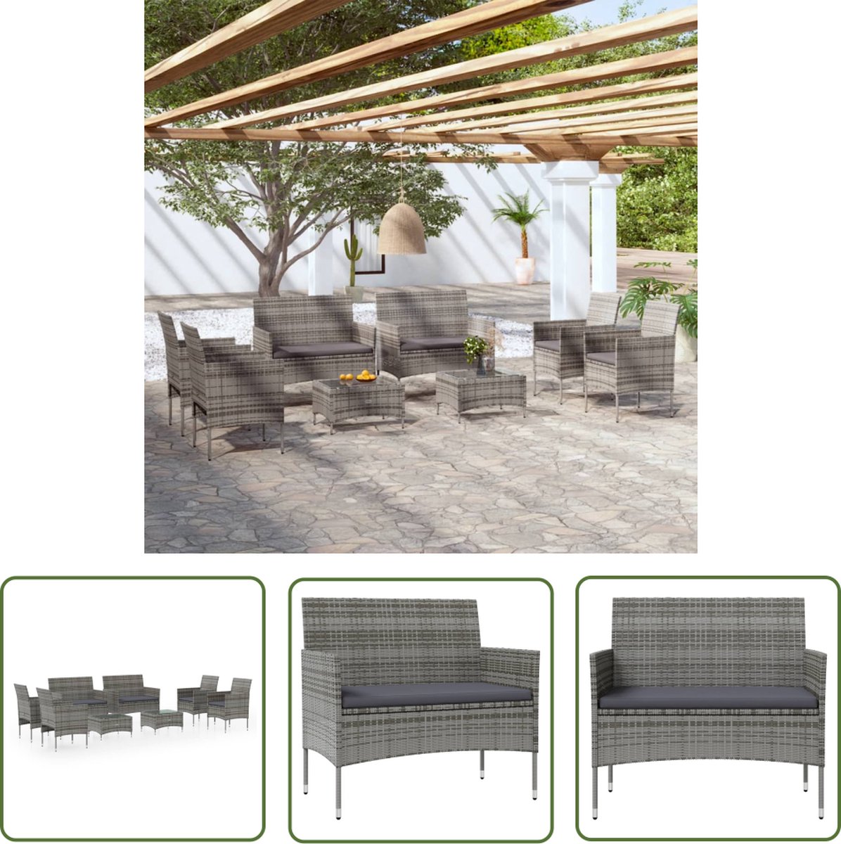 The Living Store 8-delige Loungeset met kussens poly rattan grijs - Loungeset - Tuinset - Outdoor Furniture - Patioset - Gardenfurniture