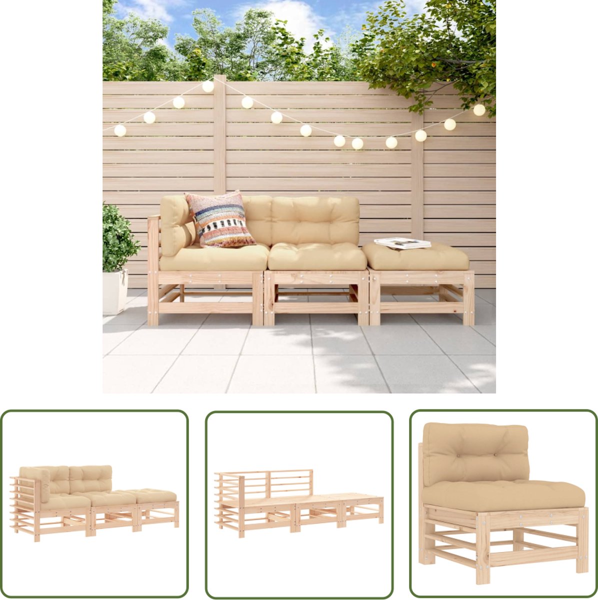 The Living Store 3-delige Loungeset met kussens massief hout - Loungeset - Tuinmeubels - Lounge Bank - Teak - Hout