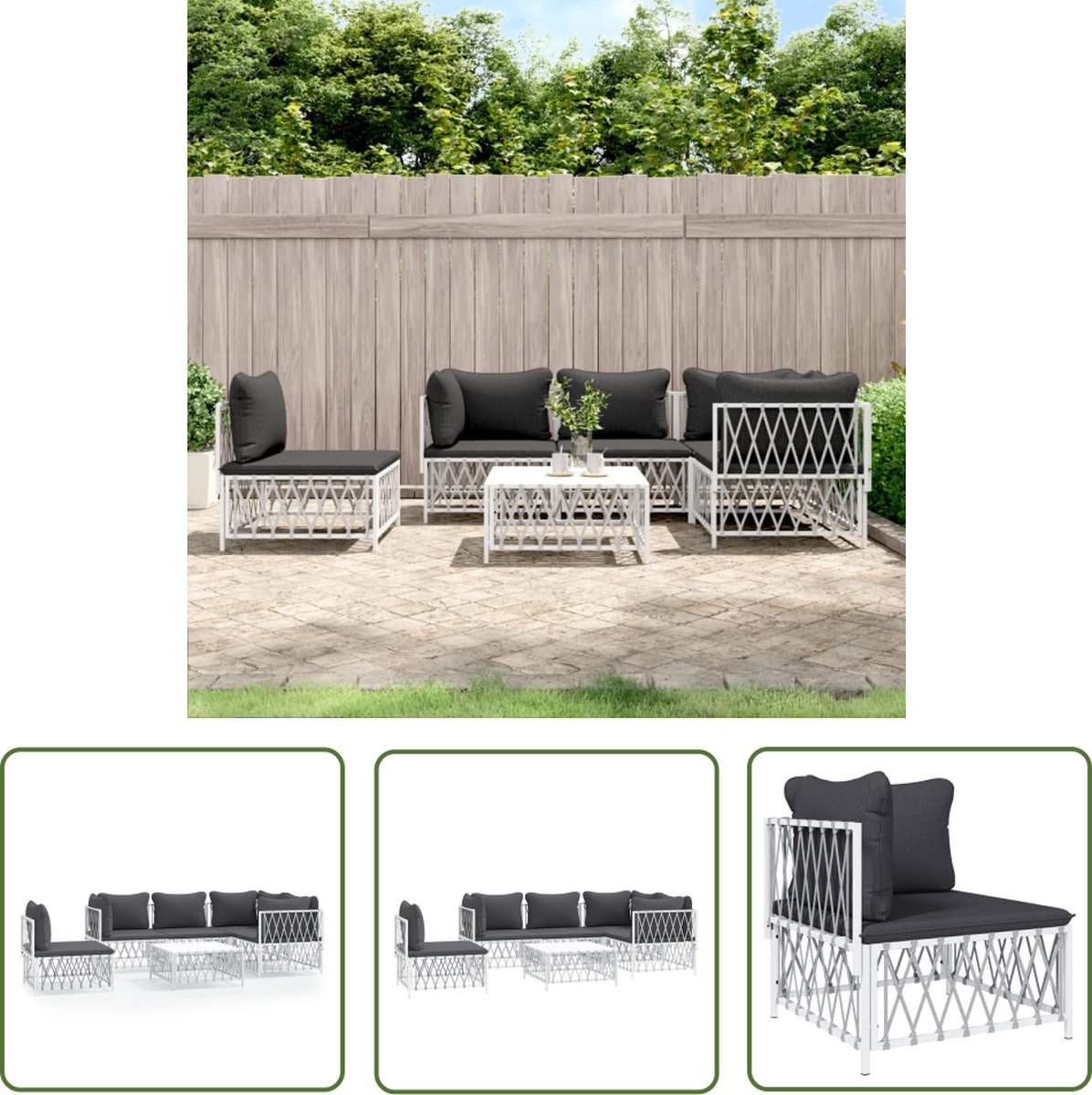 The Living Store 6-delige Loungeset met kussens staal wit - Tuinlounge - Lounge Set - Tuinmeubels - Outdoor Furniture - Patio Set