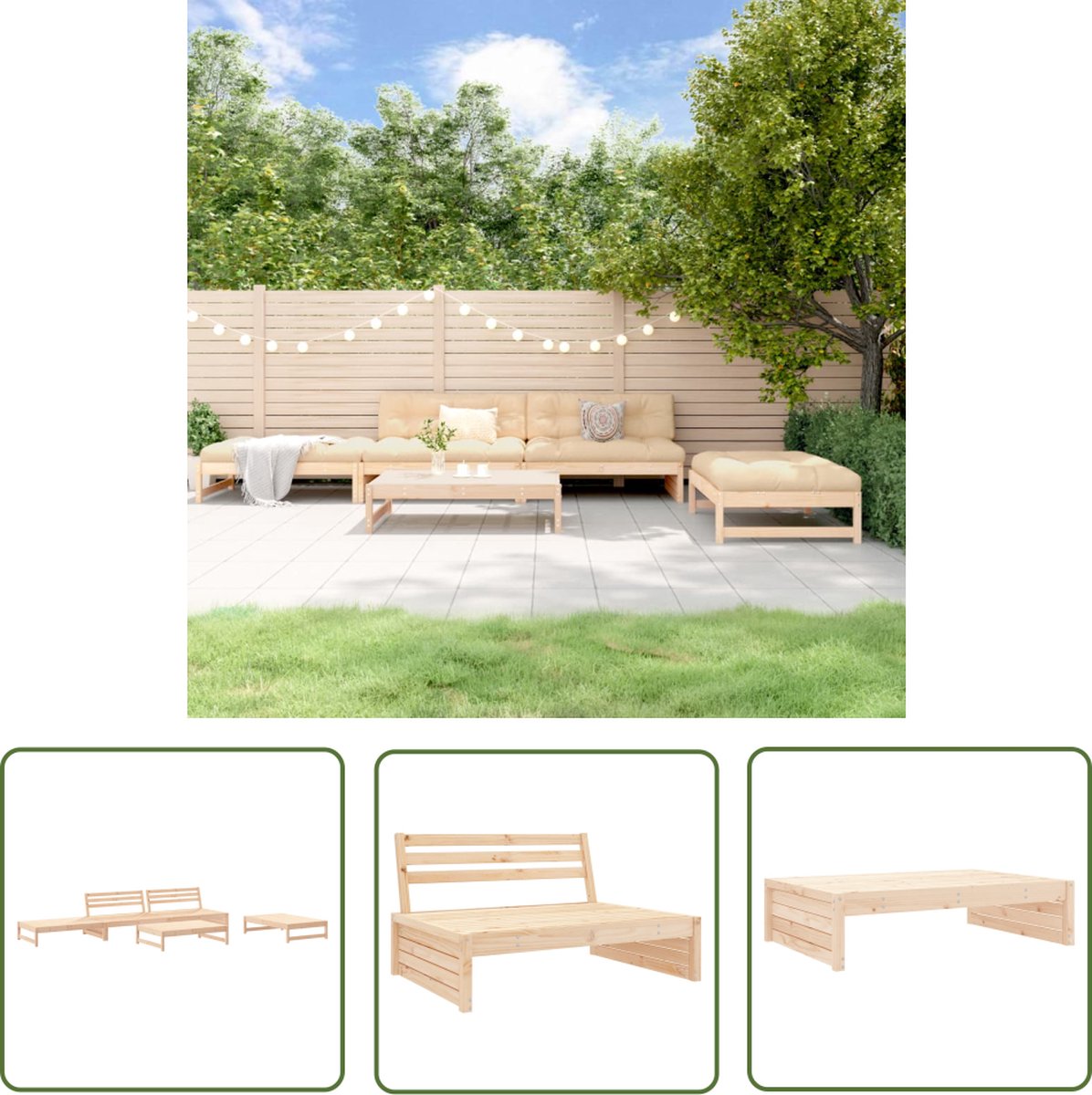 The Living Store 5-delige Loungeset massief grenenhout - Loungeset - Tuinset - Buitenmeubel - Hout - Grenenhout