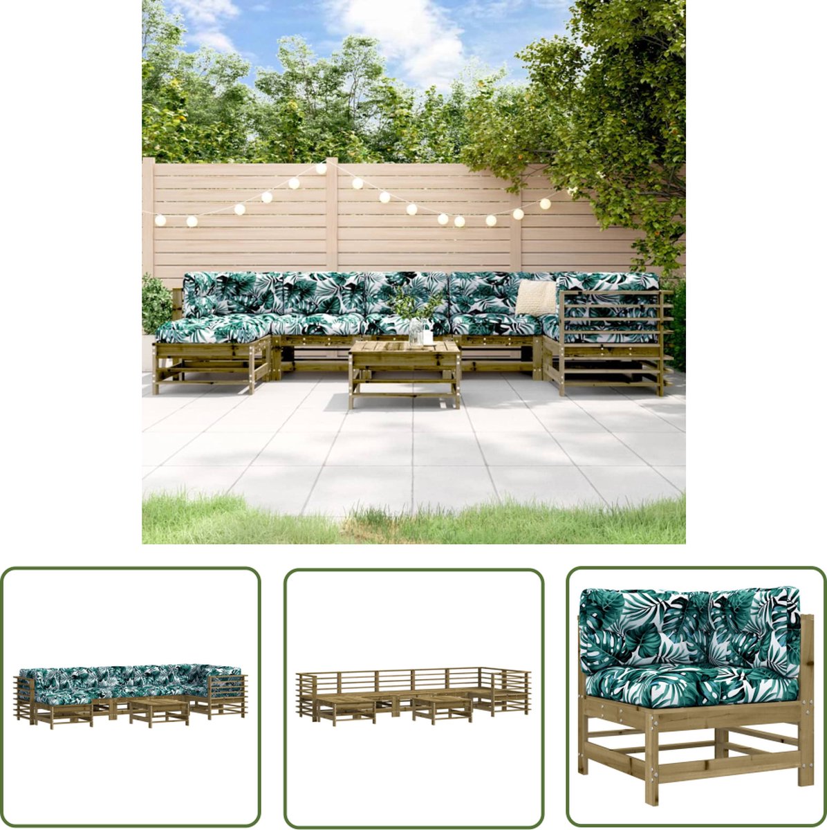 The Living Store 8-delige Loungeset met kussens geïmpregneerd grenenhout - Loungeset - Tuinset - Buitendecoratie - Hout - Grenenhout