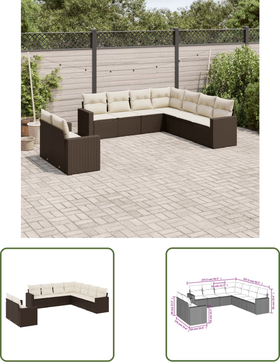 The Living Store 9-delige Loungeset met kussens poly rattan bruin - Loungeset - Tuinset - Tuinmeubels - Lounge Set - Buitendecoratie