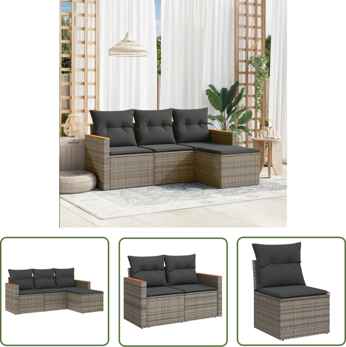 The Living Store 4-delige Loungeset met kussens poly rattan grijs - Loungebank - Tuinset - Lounge Set - Buitendecoratie - Tuinmeubels