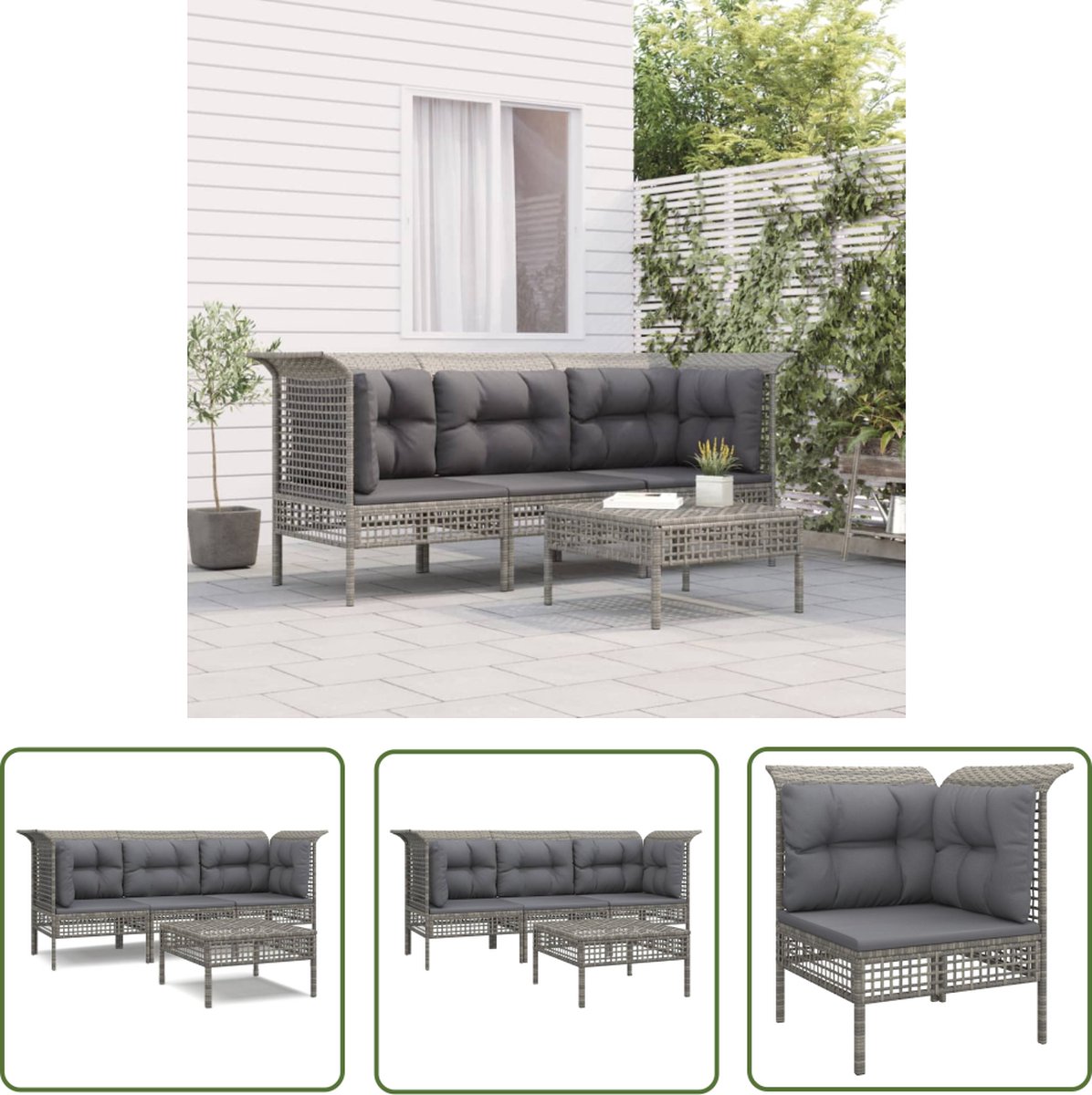 The Living Store 4-delige Loungeset met kussens poly rattan grijs - Tuin Lounge Set - Loungebank - Buitenkamer - Patioset - Garden Furniture