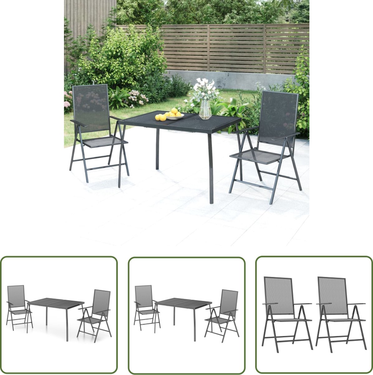 The Living Store 3-delige Tuinset staal antracietkleurig - Tuinset - Eetkamerset - Buitentijd - Lounge Set - Patio Set