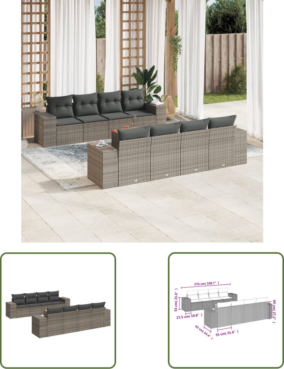 Loungeset met grijze poly rattan kussens - Buitendining - The Living Store.