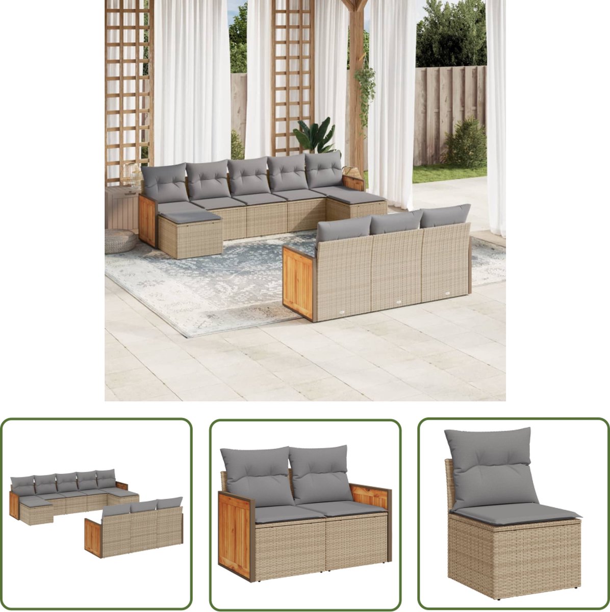 The Living Store 10-delige Loungeset met kussens poly rattan beige - Loungebank - Lounge Set - Tuinmeubels - Buitendecoratie - Outdoor Living