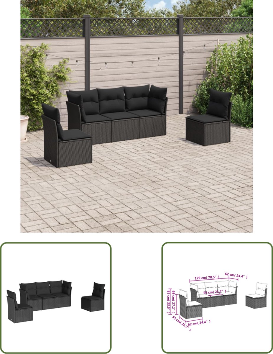 The Living Store 5-delige Loungeset met kussens poly rattan zwart - Loungeset - Tuinset - Lounge - Outdoor Furniture - PE-rattan
