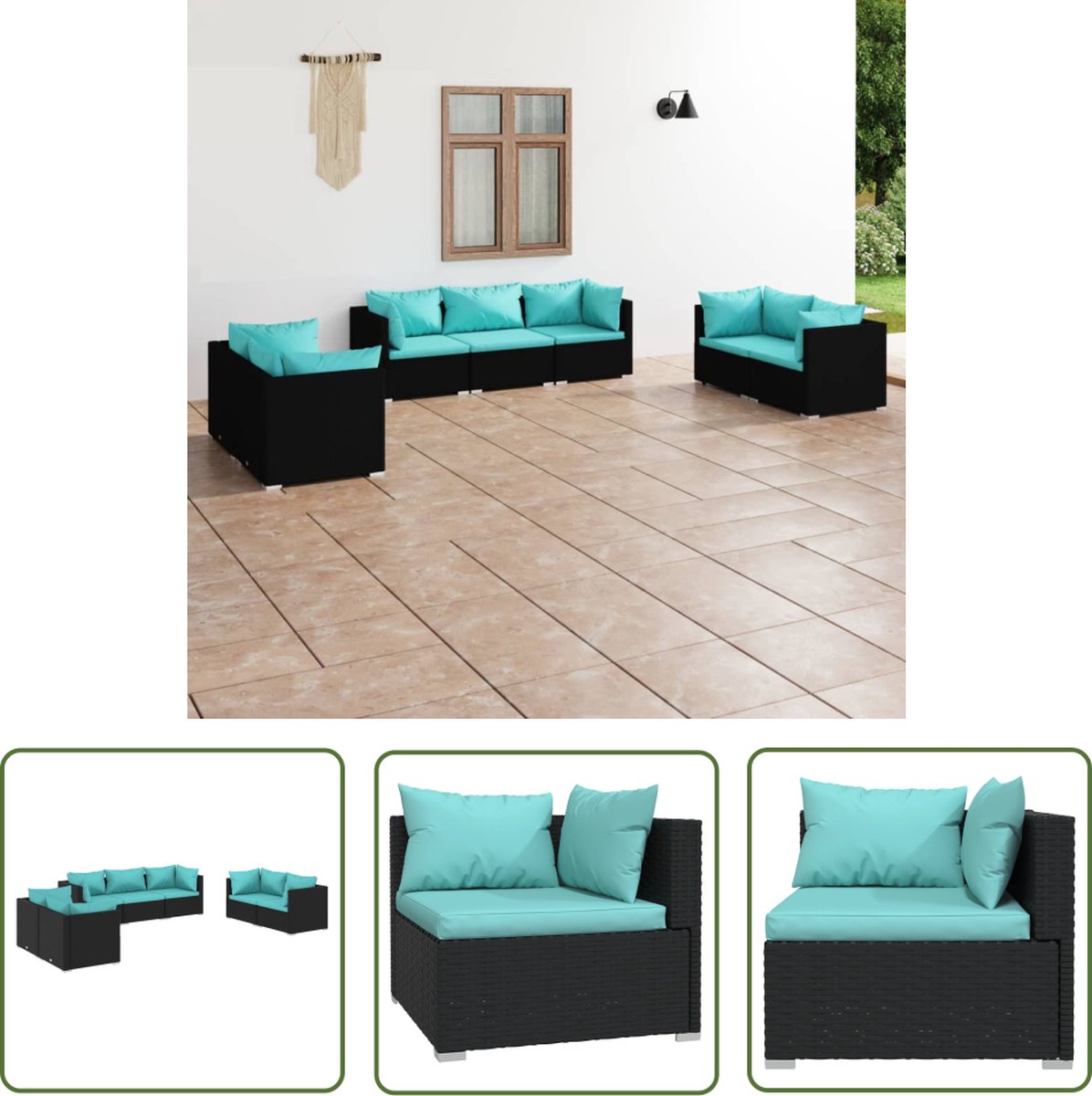 Zwarte poly rattan loungeset met kussens voor buiten - The Living Store.