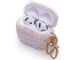 Casemania Hoesje Geschikt voor Apple AirPods 4 - Wit - Schokbestendig Teddy Furr Cover met Ring & Sleutelhanger