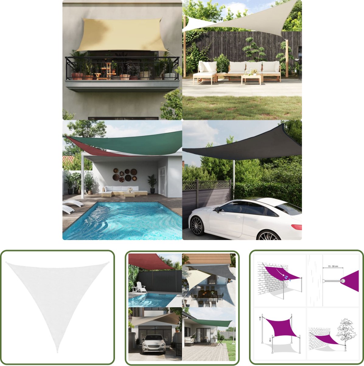 Stylish white triangular outdoor parasol with 4.5x4.5x4.5m dimensions, made of oxford fabric by The Living Store.