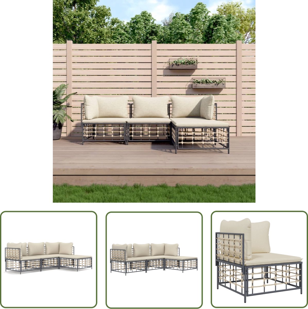 The Living Store Loungeset - Antraciet - Poly rattan - Hoekbank 72x72x66 cm - Middenbank 72x70x66 cm - Voetenbank 70x70x34 cm Loungeset - Tuinset - Lounge Bank - Hoekbank - Buis Meubel - Outdoor Set - Patio Furniture - Garden Sofa