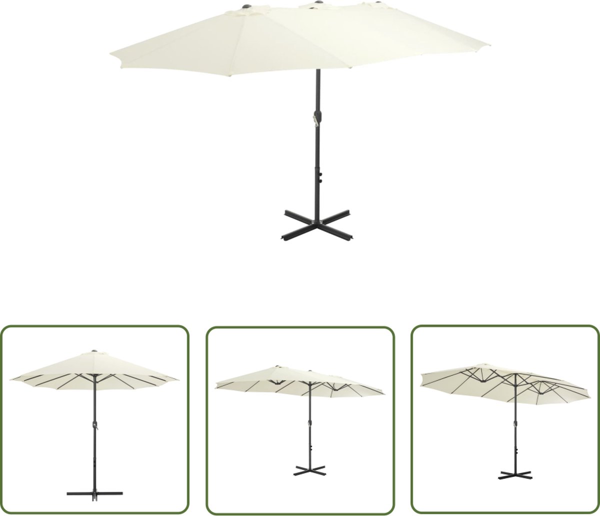 Stijlvolle zandkleurige parasol met aluminium paal, afmetingen 460x270 cm, perfect voor tuindecoratie en buitenruimtes.