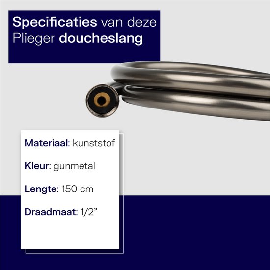 Specificaties van de Plieger doucheslang: kunststof materiaal, gunmetal kleur, lengte 150 cm, draadmaat 1/2".