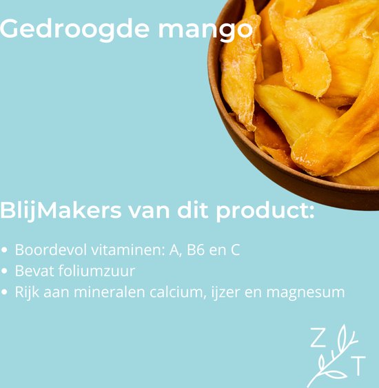 Gedroogde mango, in een schaal, met tekst over productvoordelen.