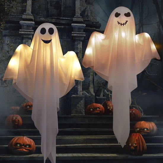 Foto: 2 stuks halloween spoken decoraties met led verlichting griezelige hangende geestdecoraties voor voortuin en tuin