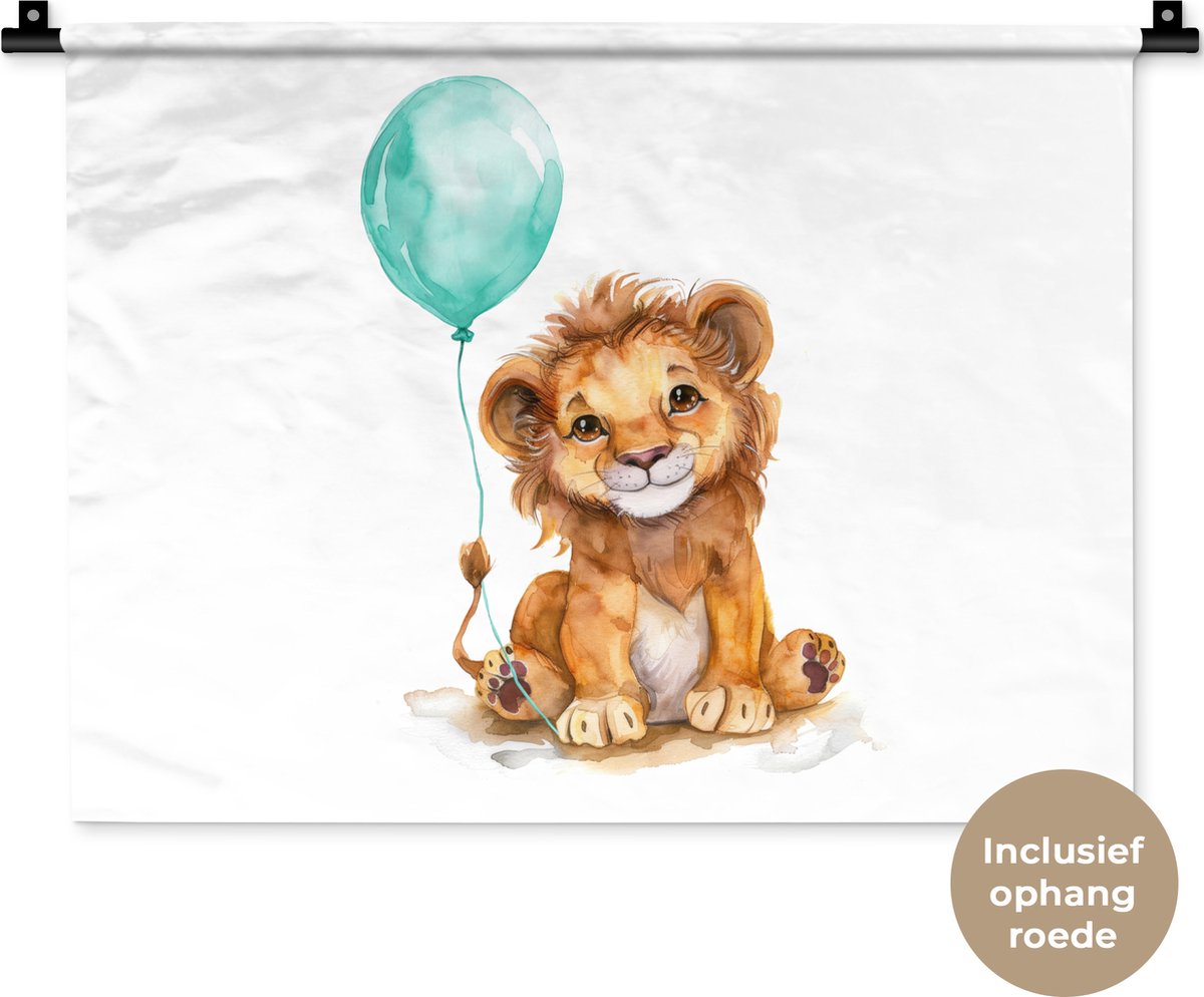 Wandkleed 60x45 cm - Wanddoek Leeuw - Baby dier - Blauwe ballon - Wandtapijt - Wandkleden