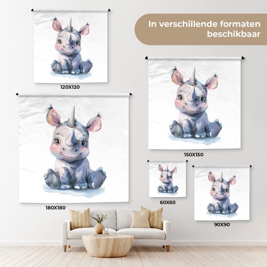 Wandkleed 180x180 cm - Wanddoek Neushoorn - Baby dier - Dieren - Wandtapijt - Wandkleden