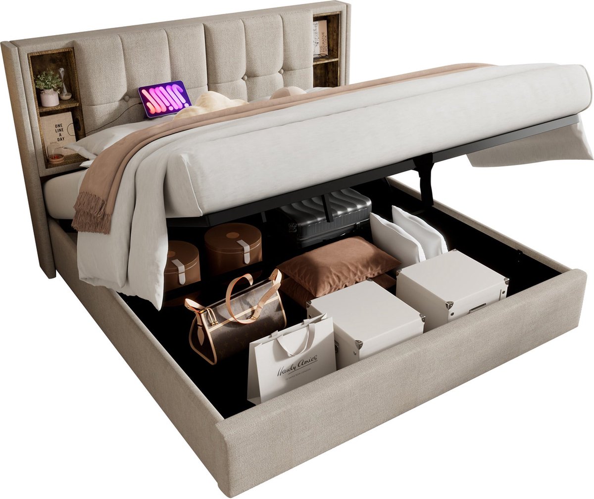 Merax Gestoffeerd Tweepersoonsbed 140x200 cm met Draadloze Oplader en USB-C Aansluiting – Bed met Opbergruimte en Houten Lattenbodem – Beige – Zonder Matras
