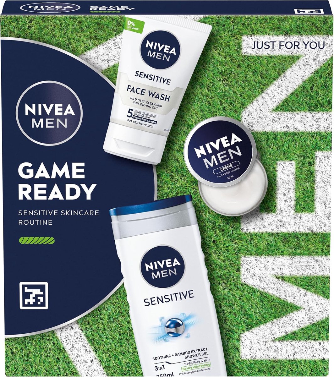 Goedkoopste NIVEA MEN Game Ready Skincare Geschenkset Mannen - Cadeau Pakket - Giftset met Douchegel, Face Wash en Gezichtscrème - Cadeauset Verjaardag