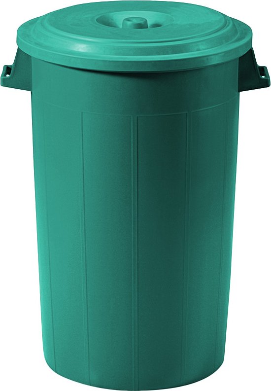 Groene kunststof afvalbak met deksel. 65 cm hoog en 52 cm diameter.