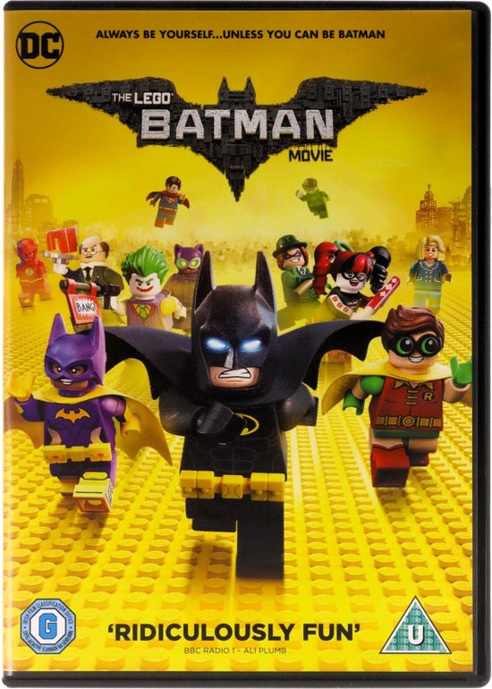 De voorkant van de Lego Batman Movie DVD. Batman, Batgirl en Robin vooraan, met andere personages op de achtergrond op een gele achtergrond.
