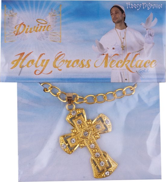 Verpakking met gouden ketting en kruis hanger, met opdruk 'Divine Holy Cross Necklace'.