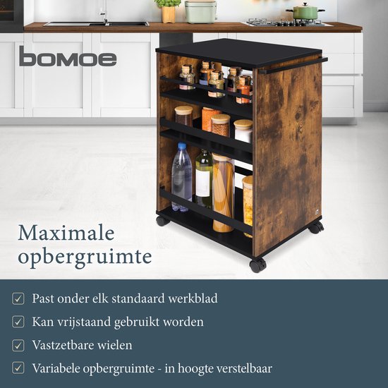 bomoe Bengt – Desserte de cuisine sur roulettes 50x79x38 cm – Desserte en bois avec 3 Planches et plan de travail FSC® – Marron Zwart