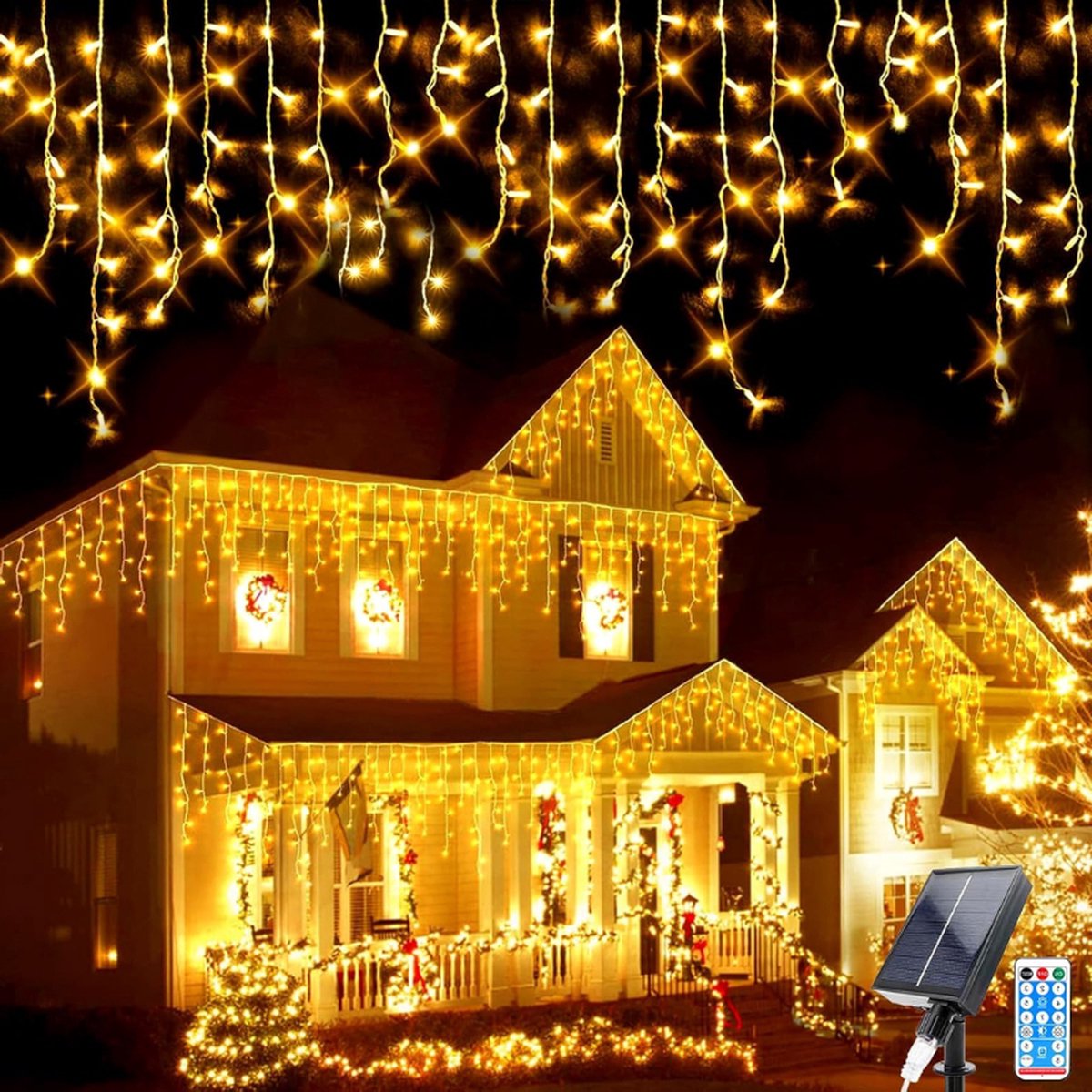 Led Lichtsnoer op Zonne Energie Voor Buiten 8 m 264 Leds Decoratieve Lichtketting op Zonne Energie 44 Stuks Waterdicht Ijsregen Lichtketting Voor Binnenplaats Tuin Bruiloft Feest