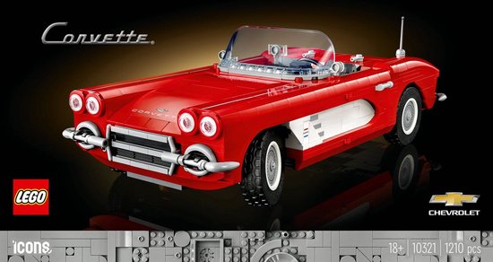 LEGO Icons 10321 Chevrolet Corvette, rode cabriolet met witte details en transparante voorruit.