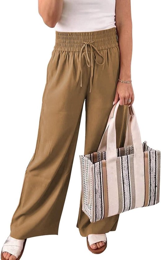 Hoge Taille Dames Casual Losse Wijde Pijpen Broek met Zakken - Effen Kleur Elastische Taille Lounge Trekkoord Flowy - XL-Koffie