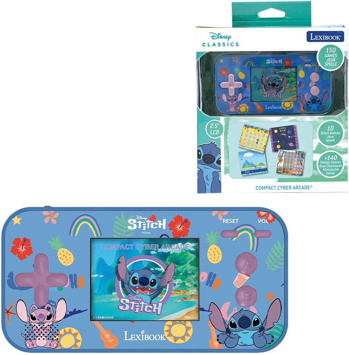 Stitch Compact Cyber Arcade® Pocket Gaming Console met kleuren LCD 2.5'' en 150 spelletjes waarvan 10 uit het Disney Stitch universum