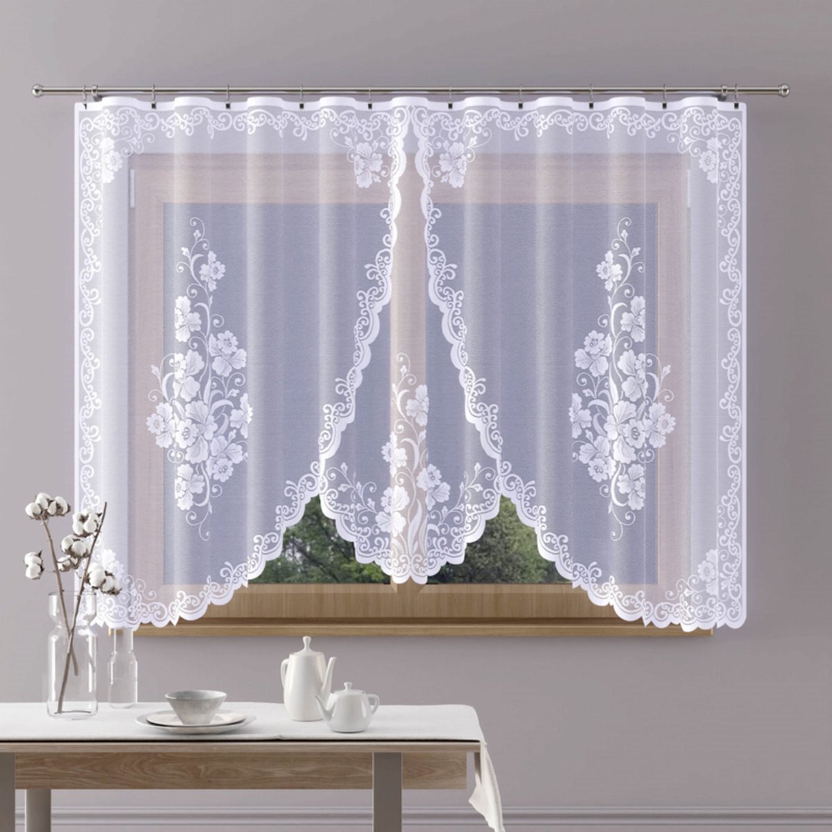 Johanna jacquard vitrage - Gordijn 300 x 160 cm- Curtains - Jacquardgordijnen- bloemenmotief- wit - 300 x 160 cm