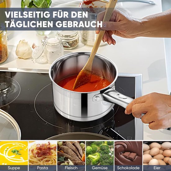 Joyfair Steelpan, 16 cm, 3-laagse bodem kasserolle met glazen deksel, 1,9 liter, roestvrij staal, kleine kookpan voor koken/verwarmen/sudderen, melkpan, inductie voor alle kookplaten