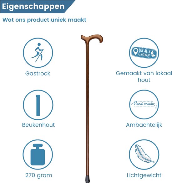 Houten wandelstok met gebogen handvat, beukenhout, 270 gram, handgemaakt, lokaal.