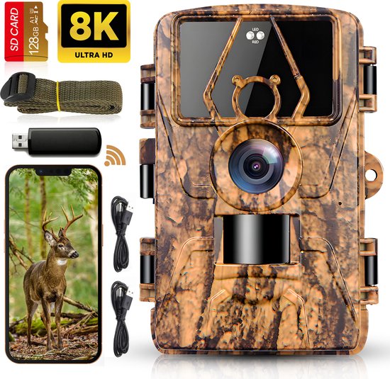 Frasco® - Professionele Wildcamera met Nachtzicht - 8K Ultra HD & 60MP - Met WiFi & App - Incl. 128GB SD kaart - Wildlife - Waterdicht