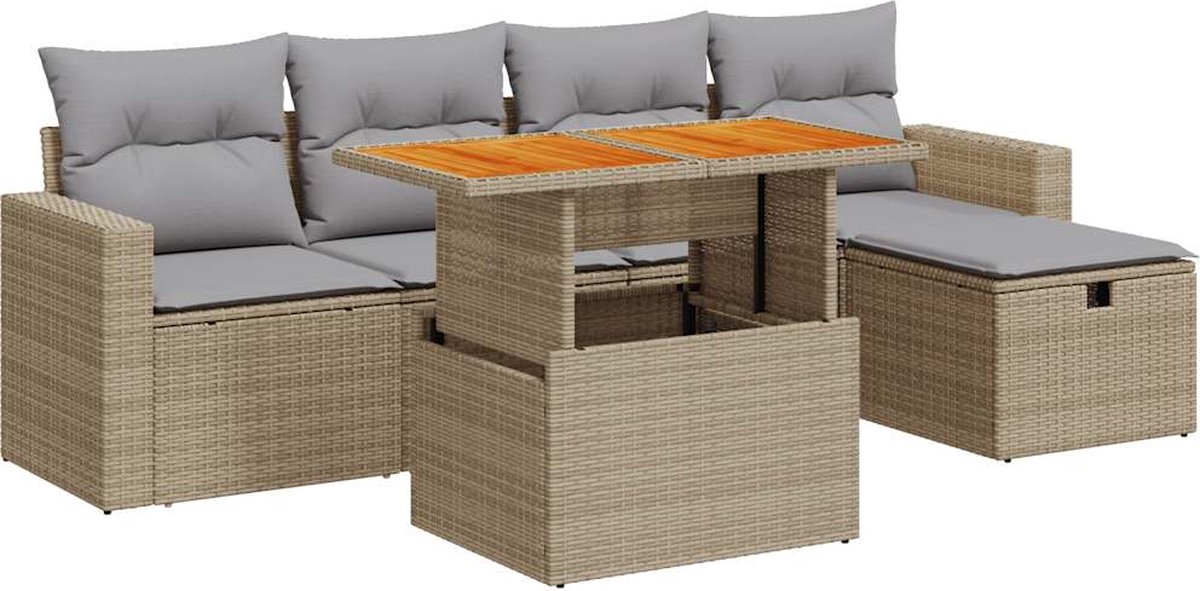 vidaXL 6-delige - Loungeset - met - kussens - poly - rattan - acacia - beige zwart