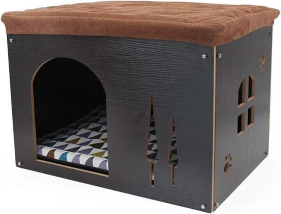 Houten hondenhok met matras, afneembaar kattenhuis in de vorm van schoenkruk, interieur, hondenhok, huisdierhuis voor katten, puppy's, honden, kleine dieren, huisdiernest voor vier seizoenen, zwart