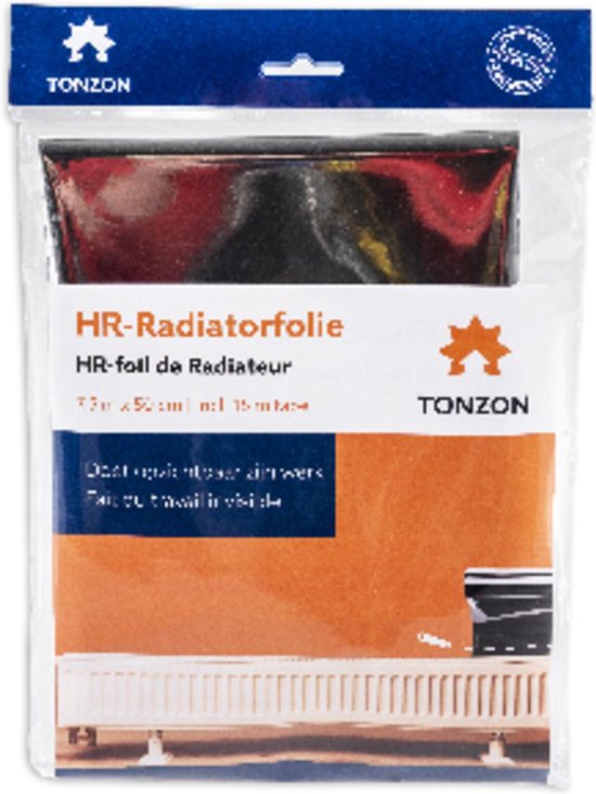 Verpakking Tonzon HR radiatorfolie, met oranje en blauw design, 7,5 m x 50 cm.