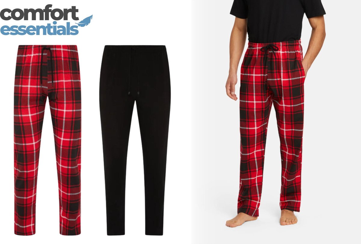 Comfort Essentials - Pyjama Heren Volwassenen - Broek - 2 Pack - Zwart / Rood Geruite - L - Pyama Heren Volwassenen - Pyjamabroek Heren - Pyamabroek Heren