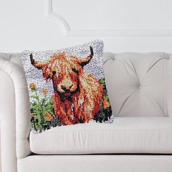Smyrna kussen knopen pakket - Schotse Hooglander - 43x43cm - Creatief cadeau