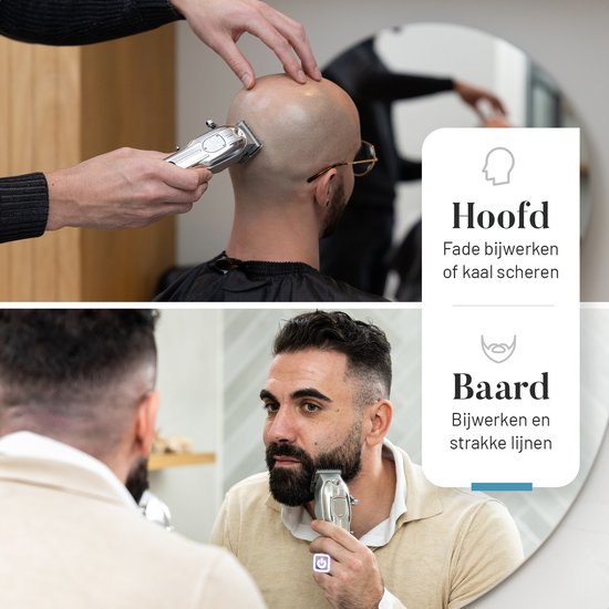 Tondeuse wordt gebruikt voor het stylen van hoofdhaar en baard. De tekst zegt 'Hoofd' en 'Baard'.