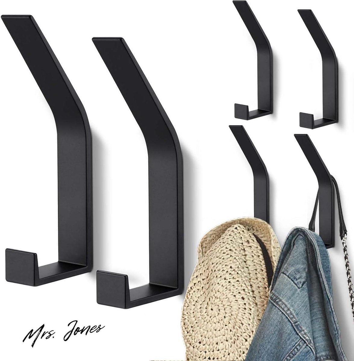 Mrs. Jones 6 stuks zwarte kledinghaken - moderne garderobehaken voor jassen mantels caps sjaals - onzichtbaar op te boren - handdoeken handtassen .