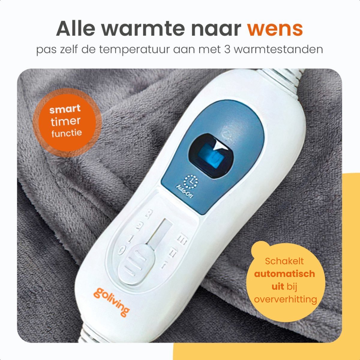Afbeelding 2 van Goliving Elektrische Deken Voor Rug en Nek – Elektrische Warmtedeken – 3 Warmtestanden – Timerfunctie – Machinewasbaar – 100 Watt – 90 x 60 cm – Grijs