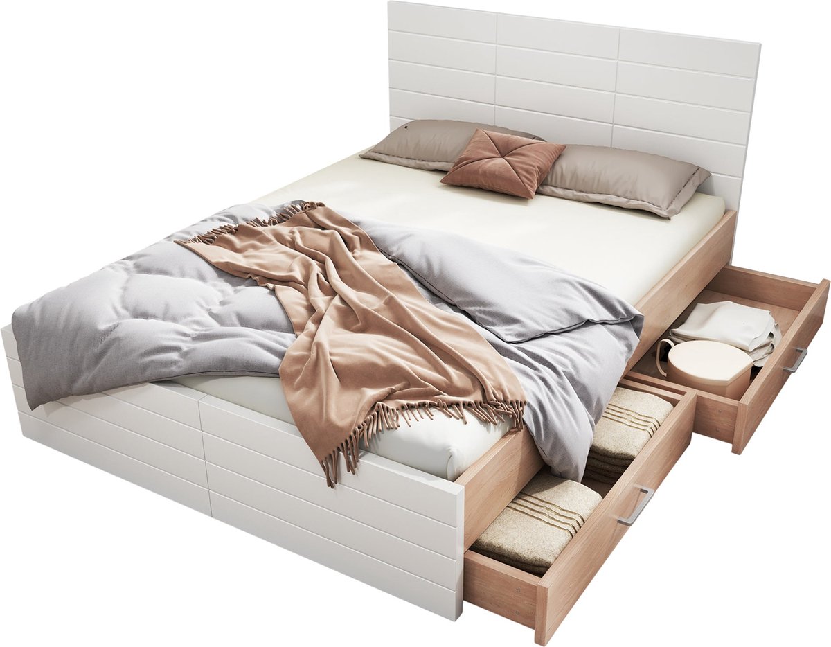 Merax Tweepersoonsbed 160x200 cm met 2 Lades - Modern Bedframe inclusief Lattenbodem - Eiken/Wit - Zonder Matras