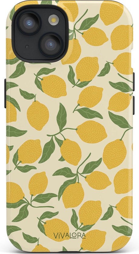 Geel telefoonhoesje met een all-over print van citroenen en groene bladeren.