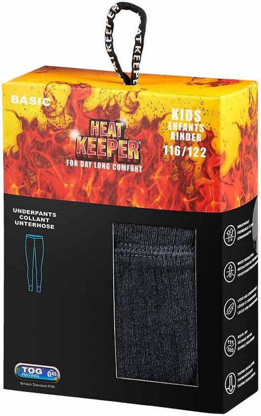 Verpakking Heat Keeper kinder thermobroek, antraciet melange, met vlammenprint en tekst 'KIDS 116/122'.