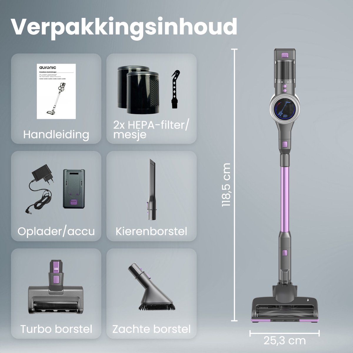 Auronic Steelstofzuiger Draadloos 350W - Draadloze Stofzuiger - HEPA Filter - Zelfstaand - Op Accu - Zonder Zak - Kruimeldief - Vacuum Cleaner - Grijs/Paars – foto 8