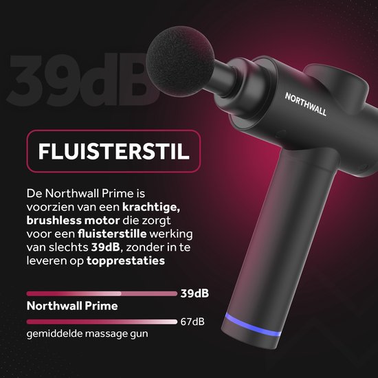 Zwart Northwall massagepistool met 39dB fluisterstille werking, vergelijkt met gemiddelde massage gun van 67dB.